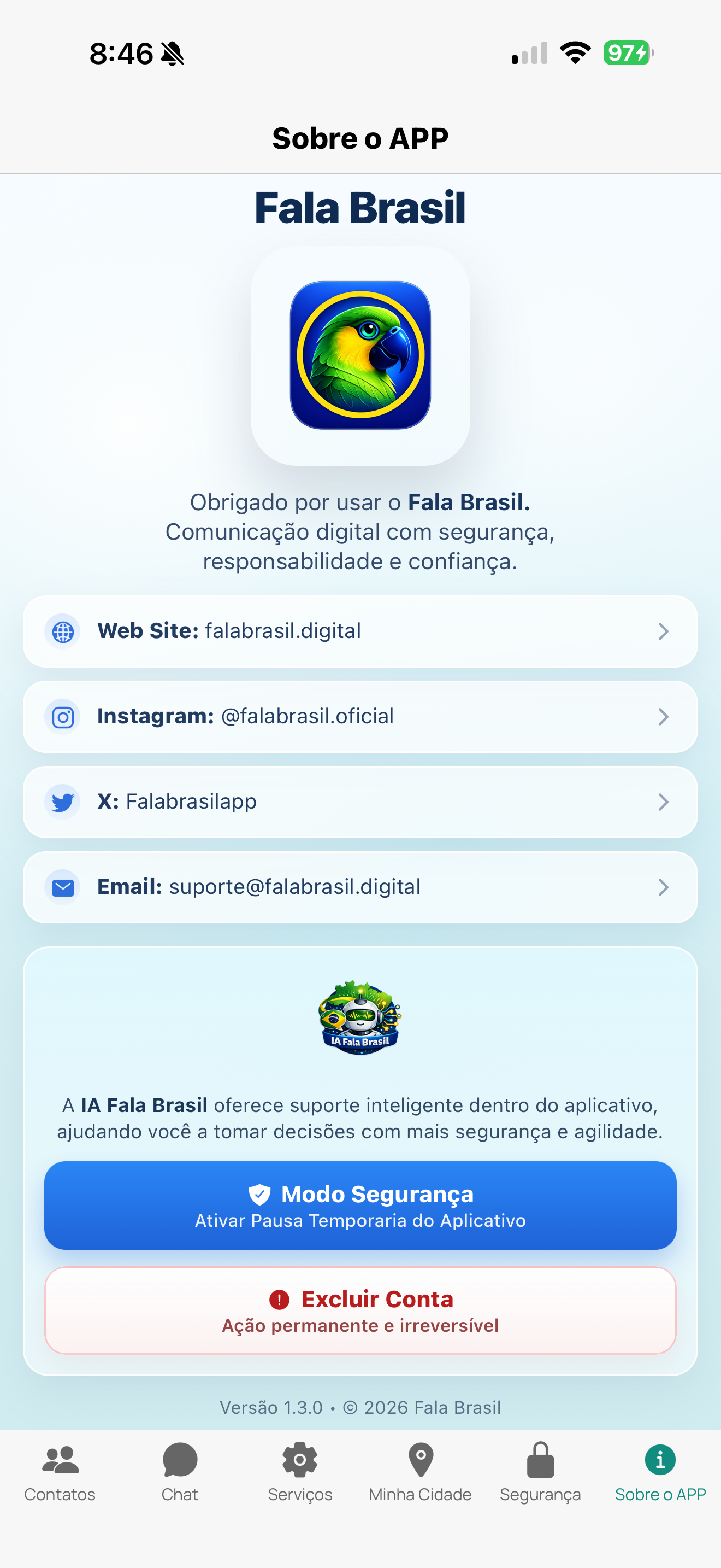 Tela Sobre o App do Fala Brasil